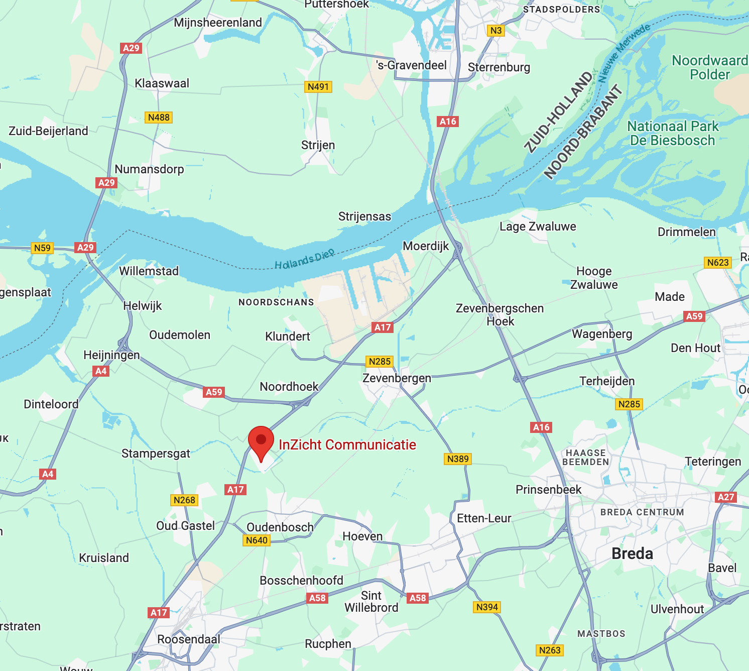 Kaart met rode stip die de locatie van InZicht Communicatie aangeeft